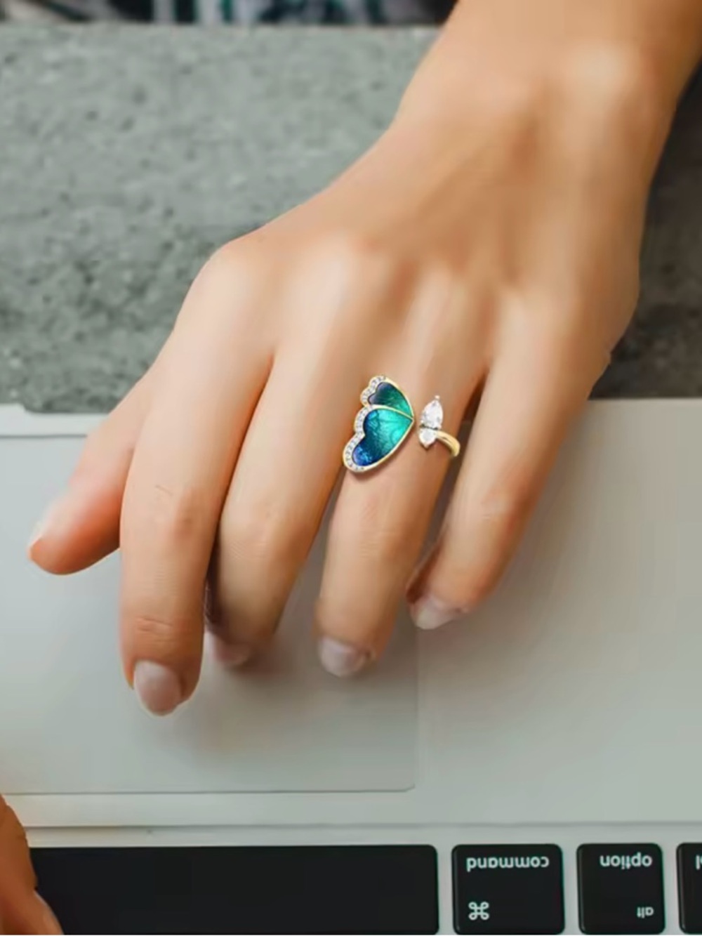 Anthropologie Gold Butterfly Ring with Blue and Green Enamel and Clear Stones